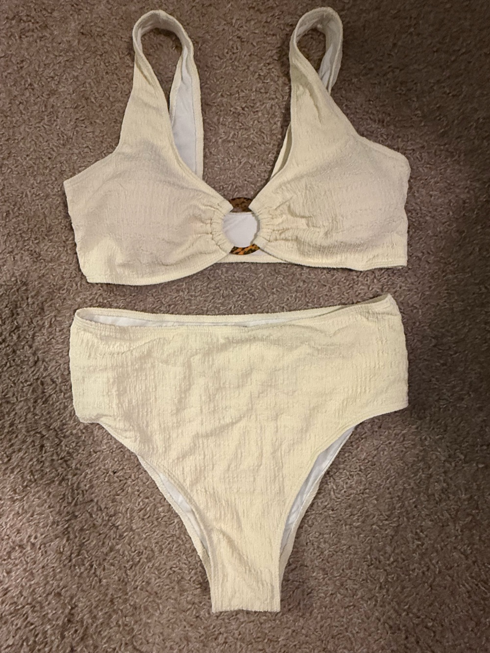 Cream Textured Two-Piece Bikini Set with Ring Detail